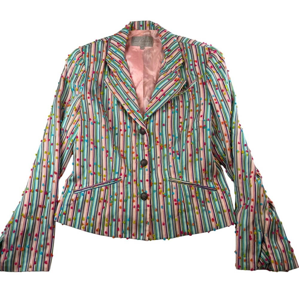 Emil Rutenberg USA Rainbow Stripe Pom Pom Blazer Jacket Art To Wear Large, artsy